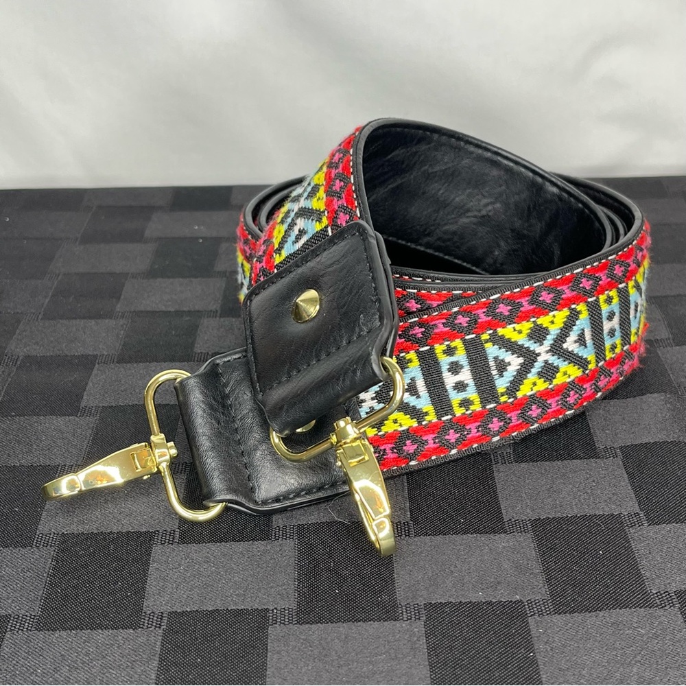 Embroidered Guitar Style Bag Strap With Brass Clasps. Adjustable Replacement